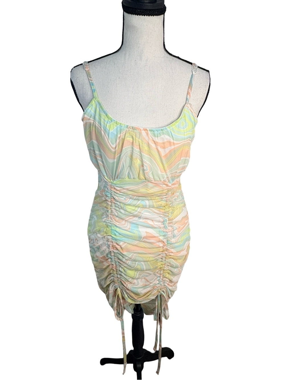 Almost Famous Marble Print Ruched Mesh Mini Dress Large BNWT